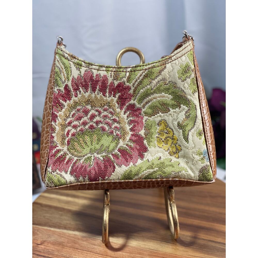 Vintage 1990s Liz Claiborne Woven Tapestry & Crocodile Leather Shoulder Bag